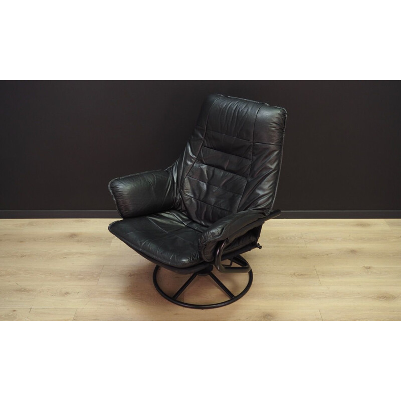 Vintage black leather armchair, Denmark, 1960-70s
