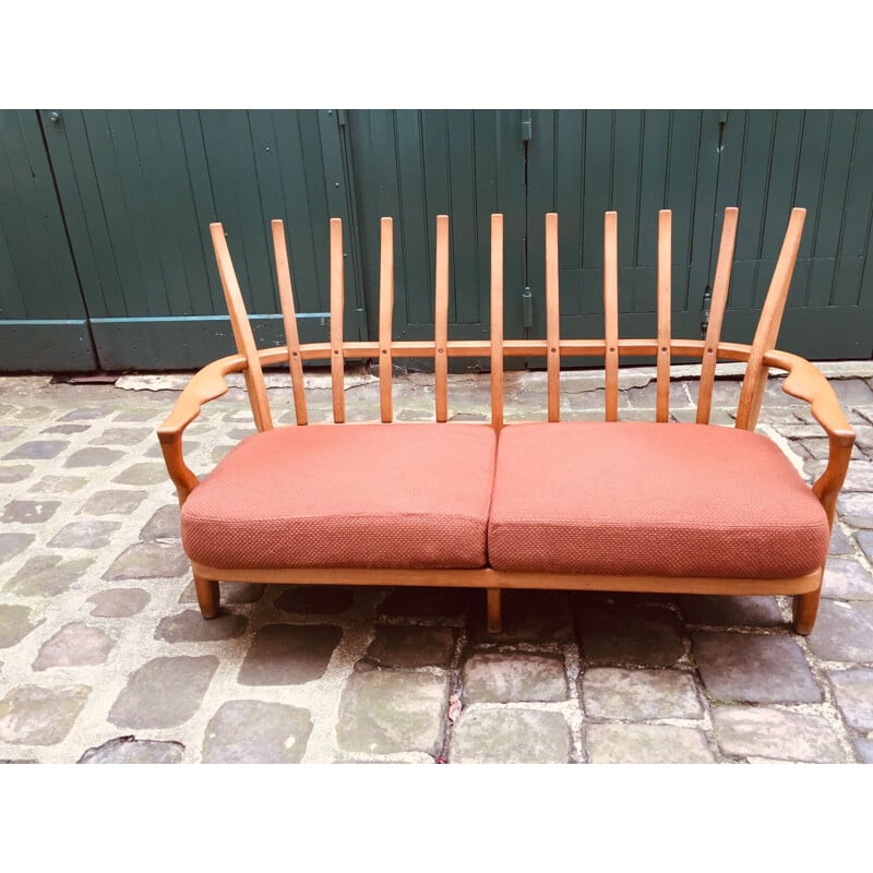 Vintage oak and levee sofa of Guillerme & Chambron, 1960s