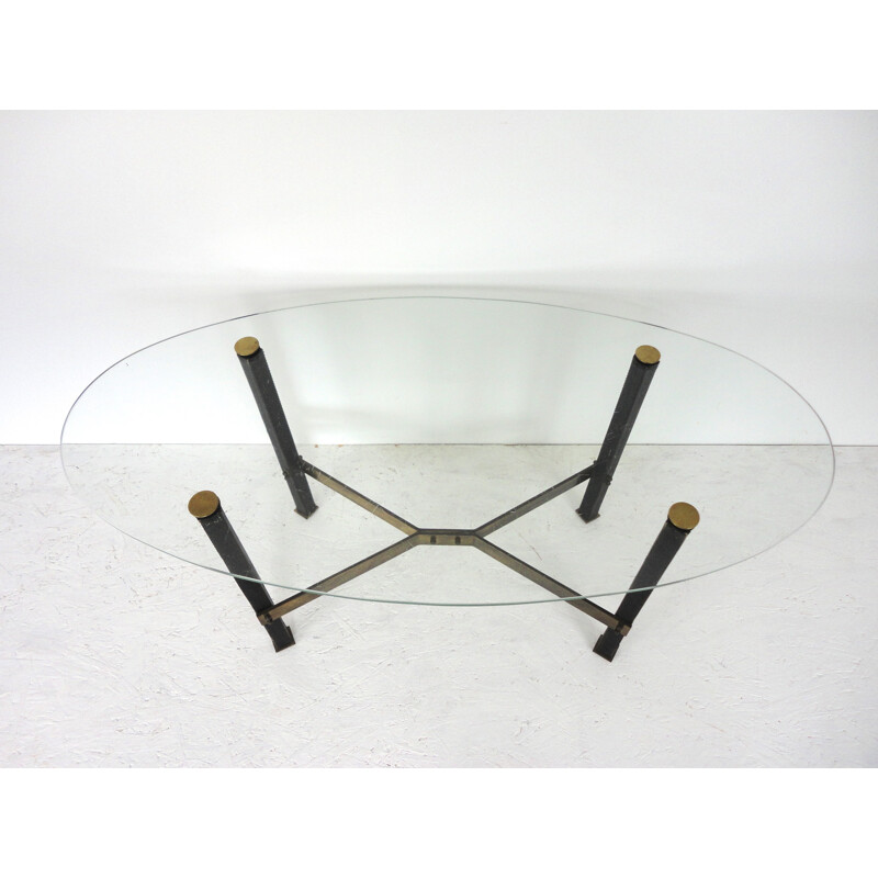 Canasta glass, brass and leather coffee table, Mathieu MATEGOT - 1950s