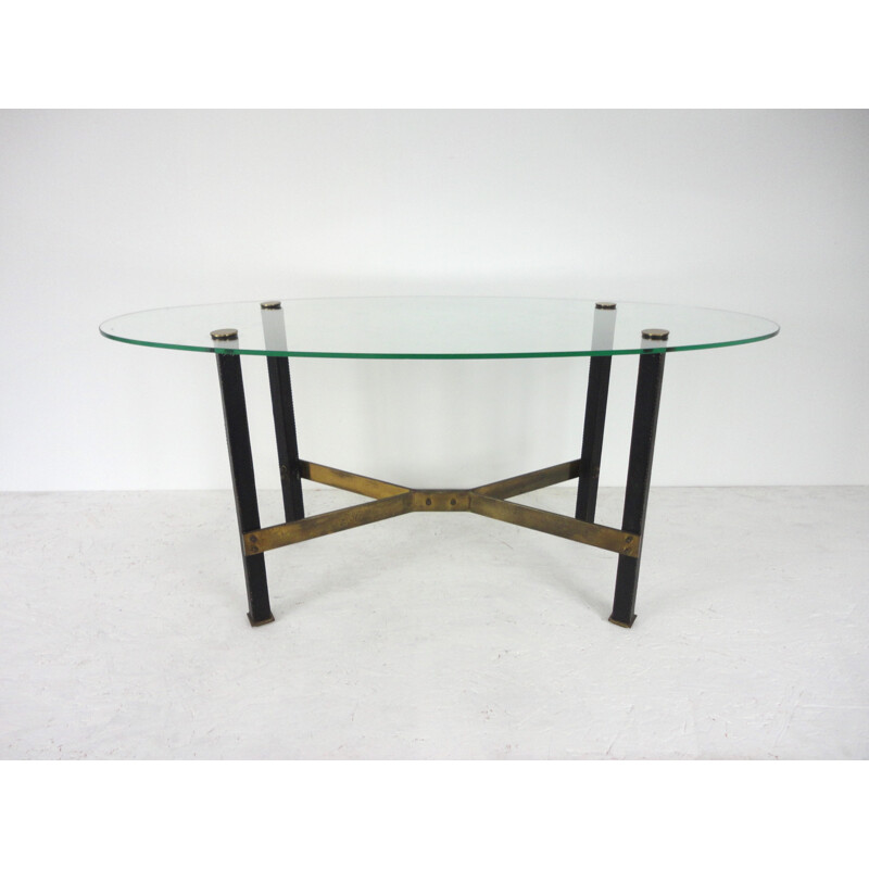 Canasta glass, brass and leather coffee table, Mathieu MATEGOT - 1950s