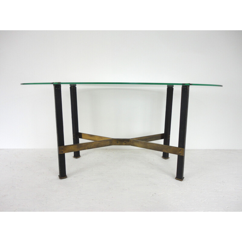 Canasta glass, brass and leather coffee table, Mathieu MATEGOT - 1950s