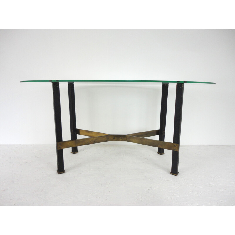 Table basse Canasta en cuir, laiton et verre, Mathieu MATEGOT - 1950