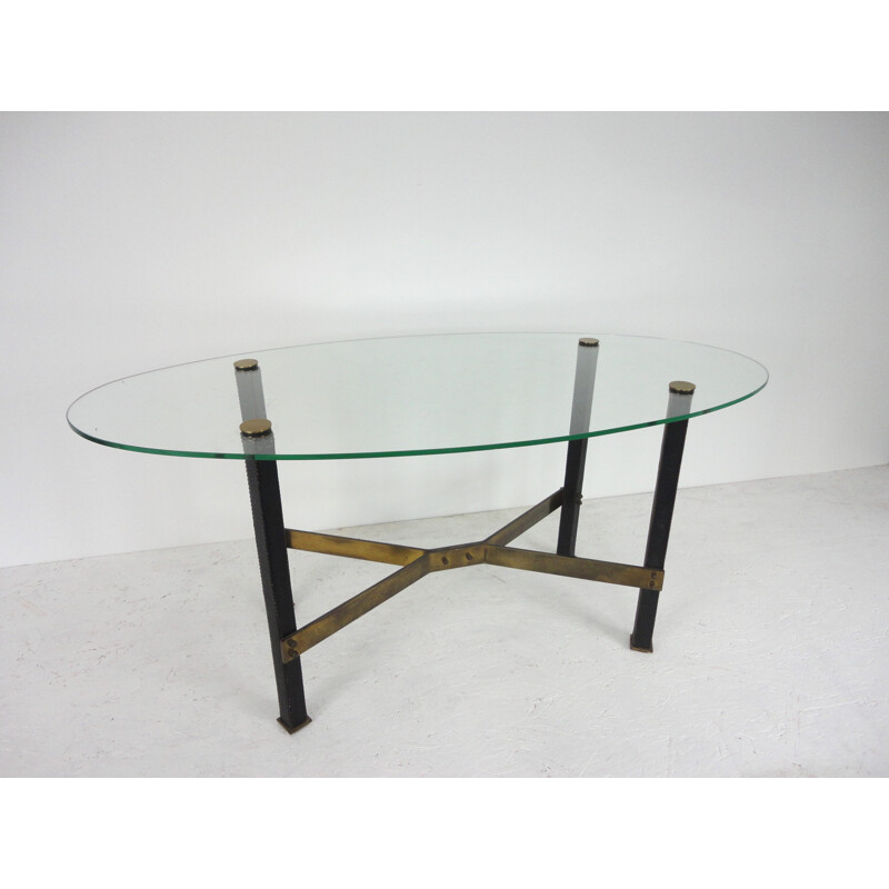 Table basse Canasta en cuir, laiton et verre, Mathieu MATEGOT - 1950