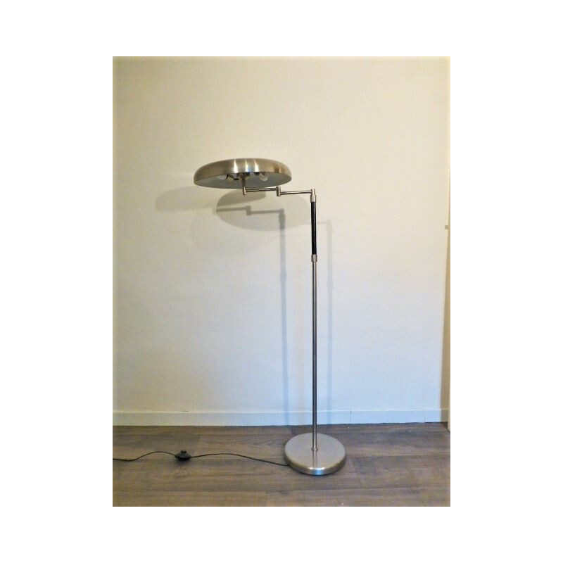 Vintage articulated floor lamp in metal and leather, 1980s