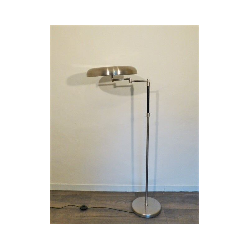 Vintage articulated floor lamp in metal and leather, 1980s