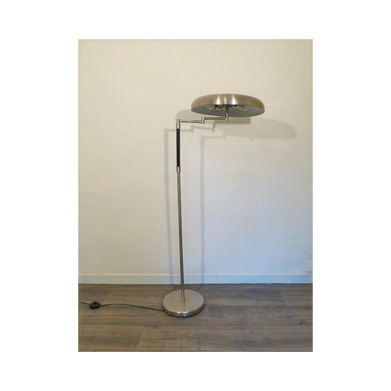 Vintage articulated floor lamp in metal and leather, 1980s