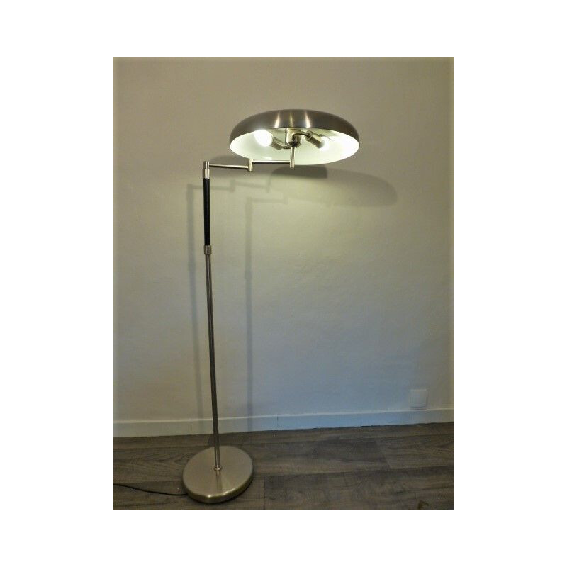 Vintage articulated floor lamp in metal and leather, 1980s