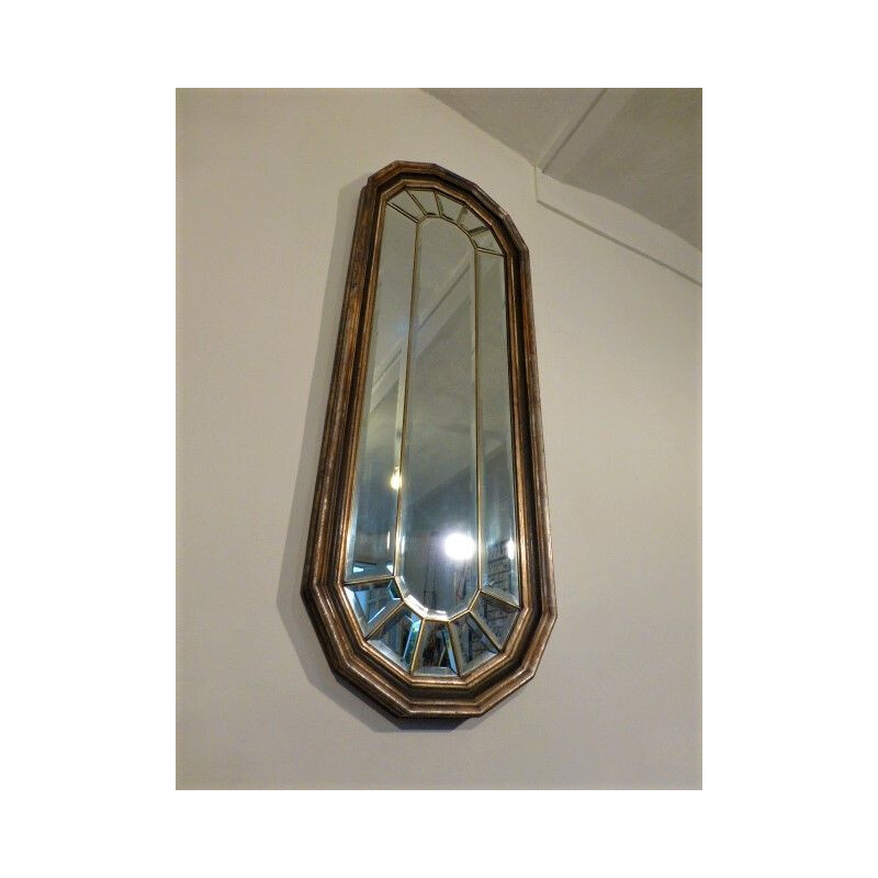 Vintage glass pane mirror with wooden and brass, 1940s