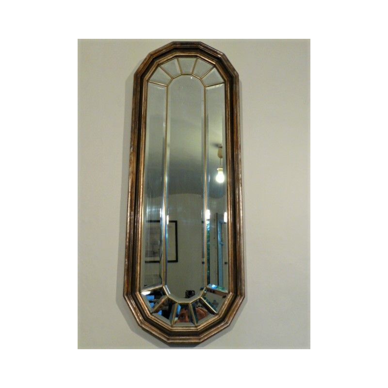 Vintage glass pane mirror with wooden and brass, 1940s