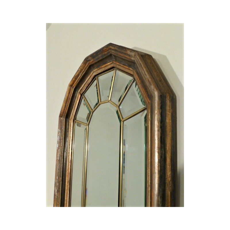 Vintage glass pane mirror with wooden and brass, 1940s