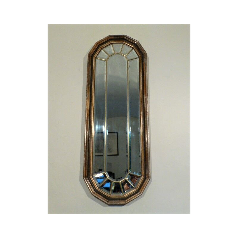 Vintage glass pane mirror with wooden and brass, 1940s