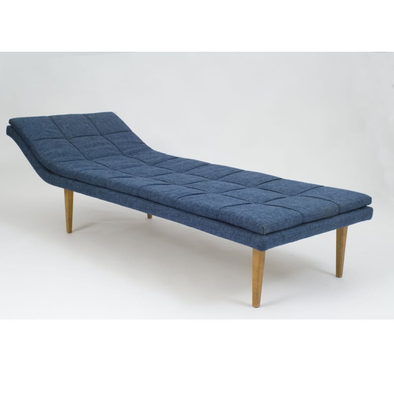 Vintage daybed in wooden constuction and refurbished in blue fabric 1960