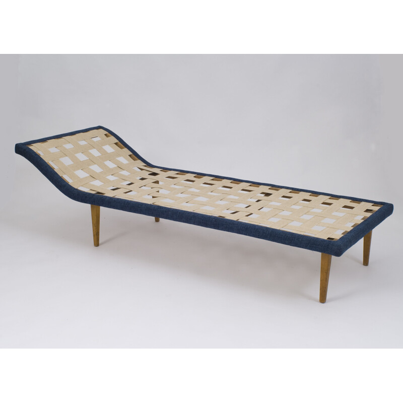 Vintage daybed in wooden constuction and refurbished in blue fabric 1960