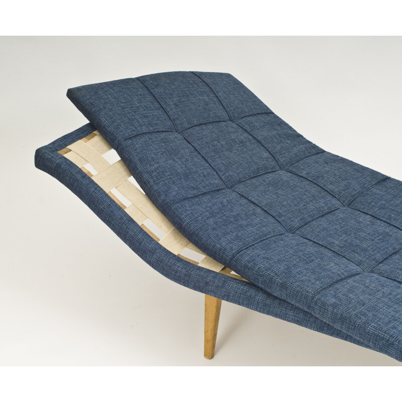 Vintage daybed in wooden constuction and refurbished in blue fabric 1960