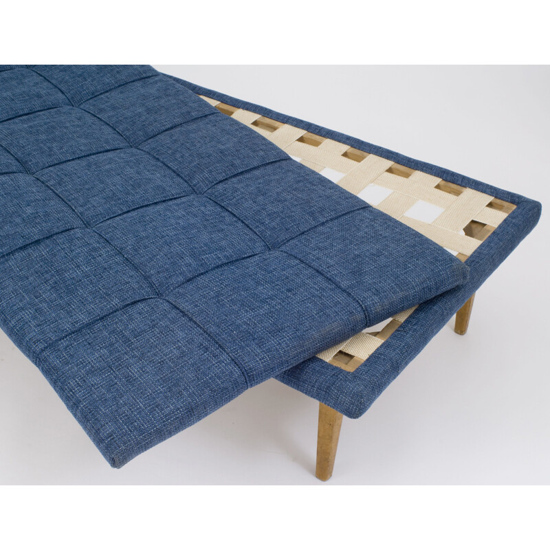 Vintage daybed in wooden constuction and refurbished in blue fabric 1960