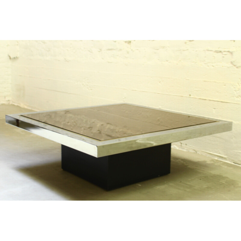 Vintage chrome and brass table with smoked glass tray and black melamin foot 1970