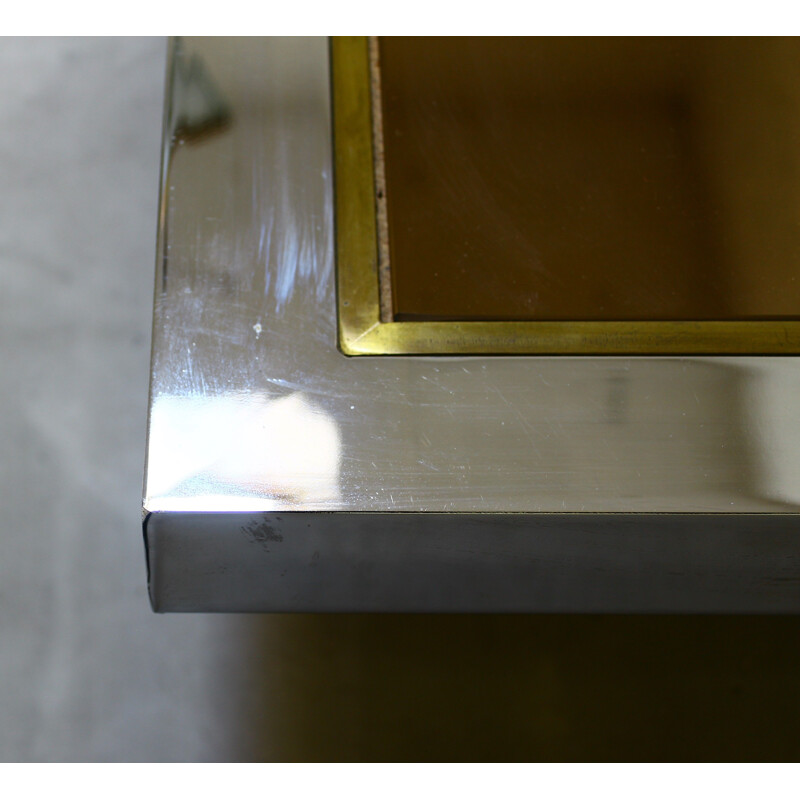 Vintage chrome and brass table with smoked glass tray and black melamin foot 1970