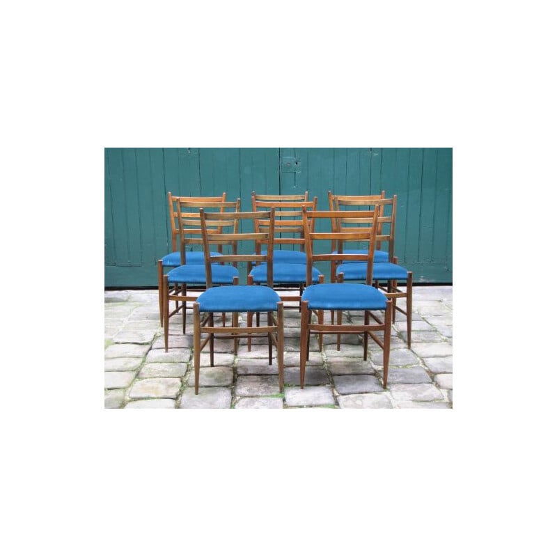 Set of 8 vintage Italian chairs re-upholstered in blue velvet, 1960