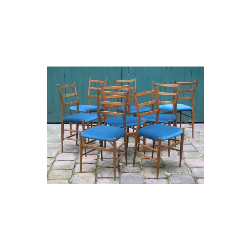 Set of 8 vintage Italian chairs re-upholstered in blue velvet, 1960