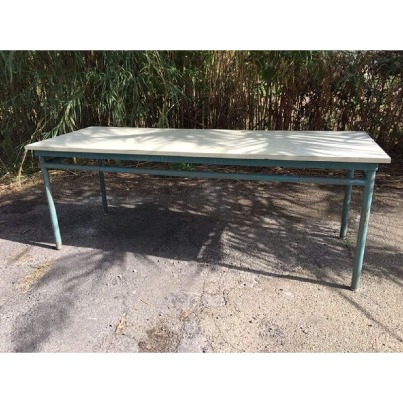 Table de réfectoire de ferme vintage 10 couverts métal et formica 1960