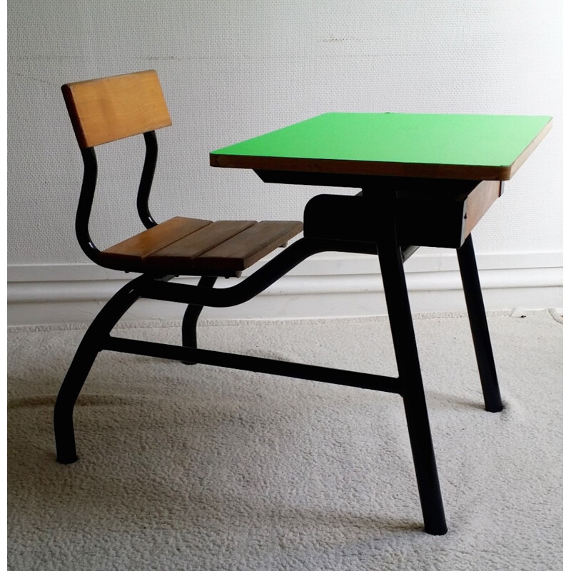 Vintage school desk in wood, vinyl and formica - 1980s