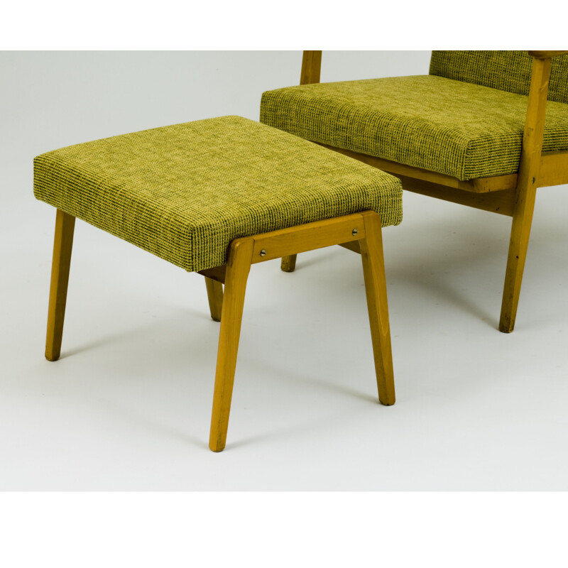 Vintage yellow Armchair with stool by Ton