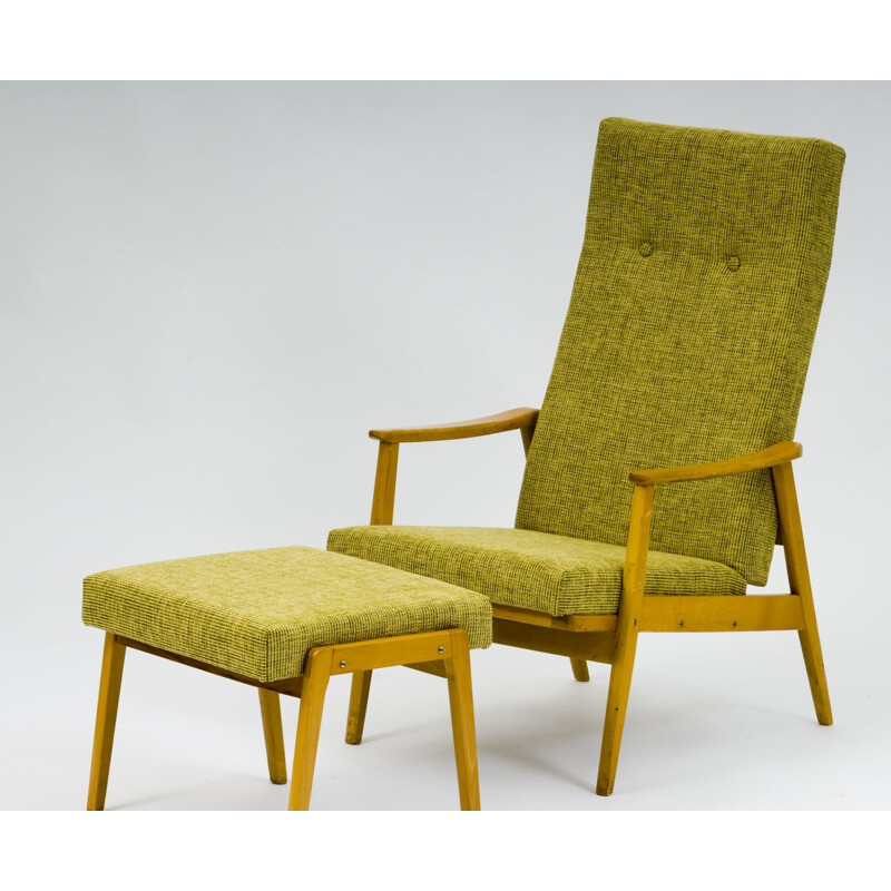 Vintage yellow Armchair with stool by Ton