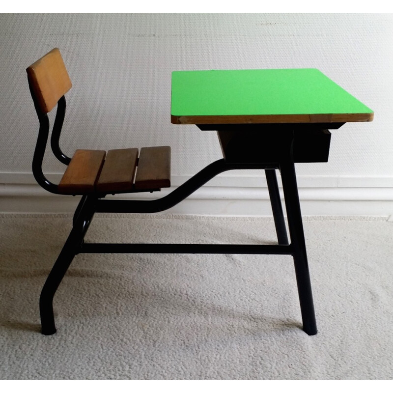 Vintage school desk in wood, vinyl and formica - 1980s