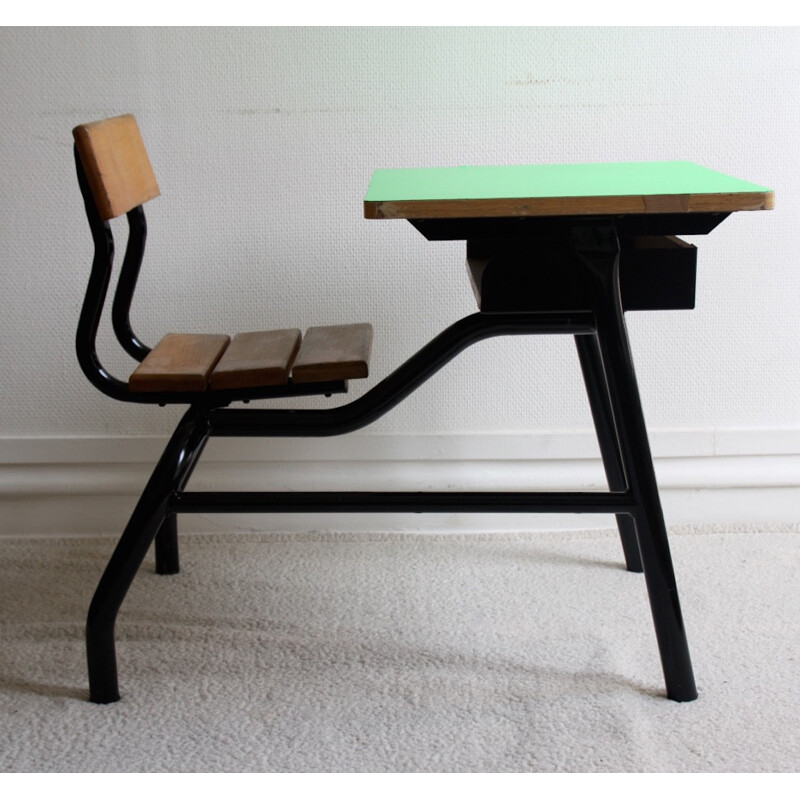 Vintage school desk in wood, vinyl and formica - 1980s