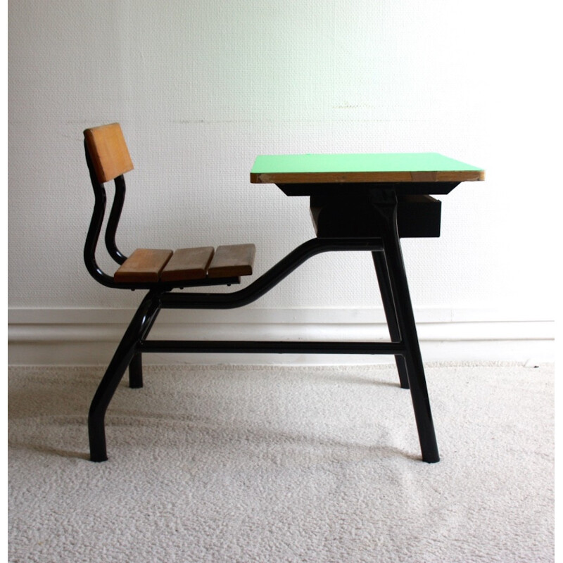 Vintage school desk in wood, vinyl and formica - 1980s