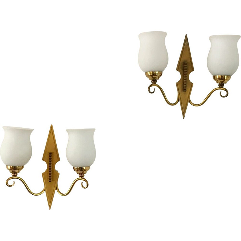 Pair of vintage brass and opaline wall lamps, 1950s