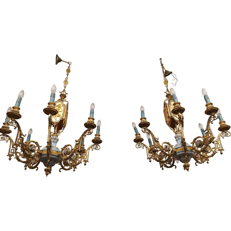 Set of 2 vintage classic chandelier in bronze and porcelain