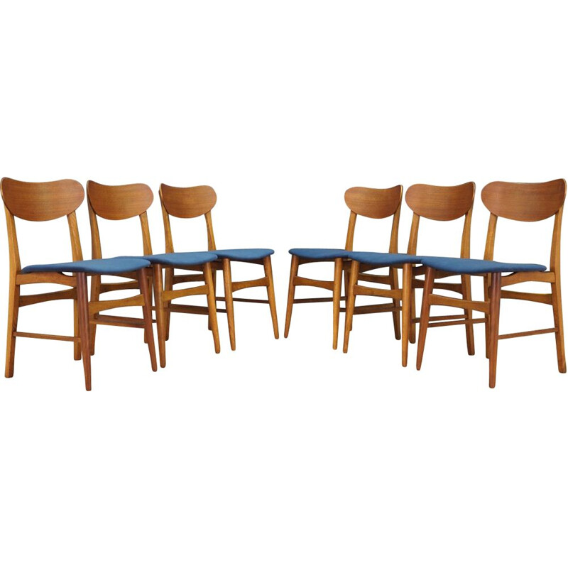 Set of 6 vintage chairs in teak and blue velvet, Denmark, 1960-70s