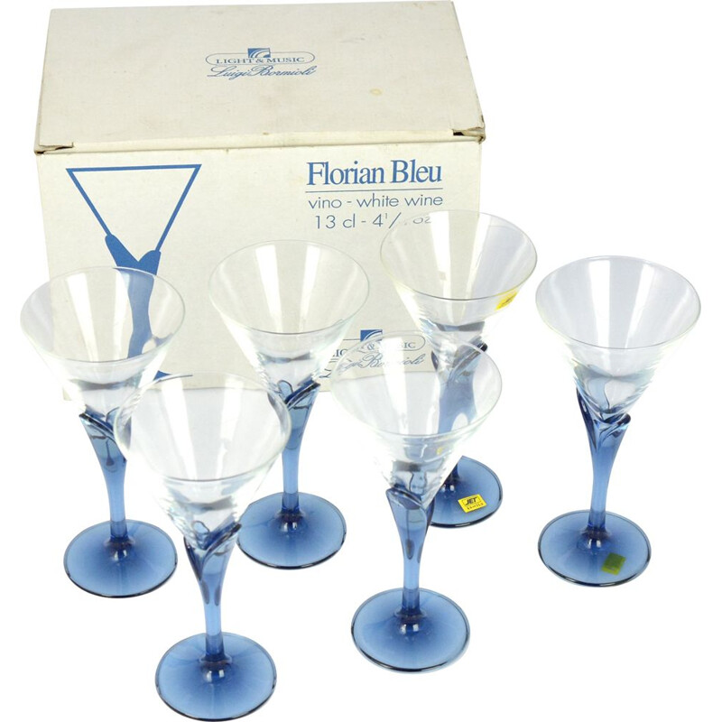 Set of 6 vintage crystal glasses Florian Blue for Light & Music by Luigi Bormioli, Italy of the 1980s