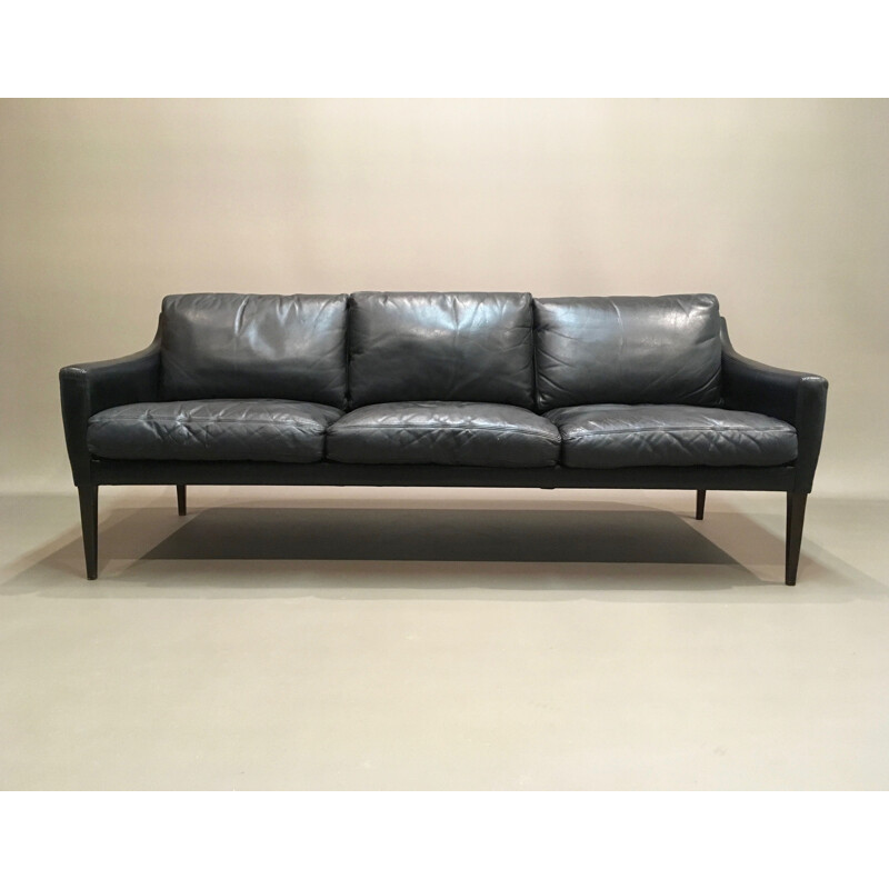 Hans Olsen vintage 3-seater Scandinavian black leather sofa 1950