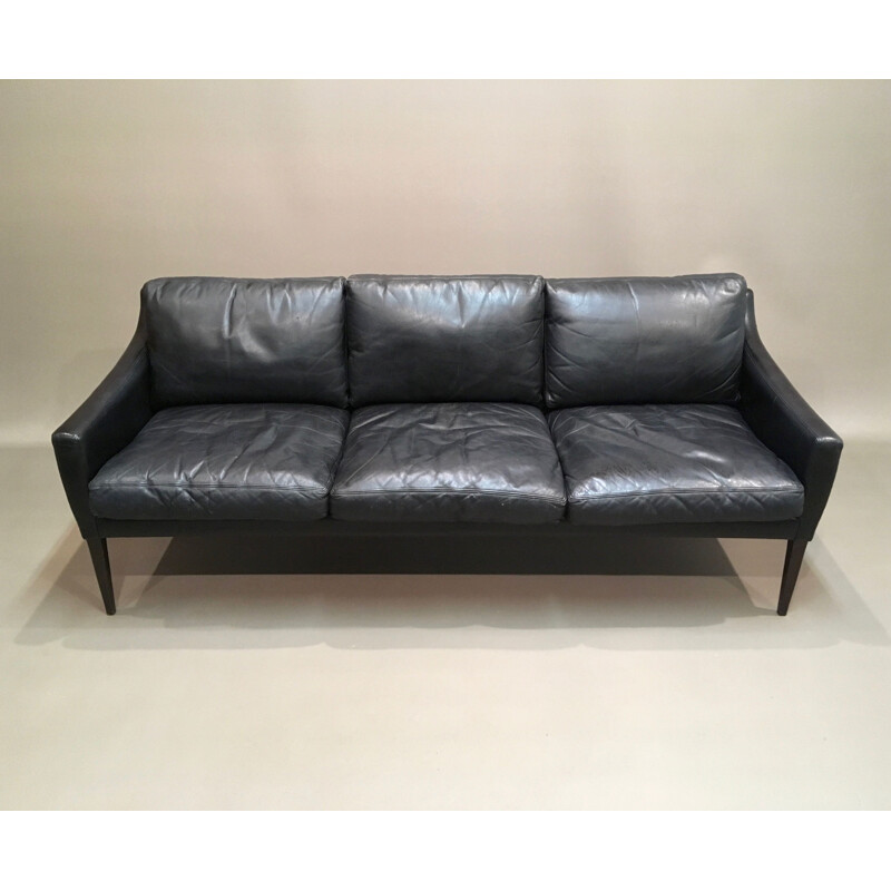 Hans Olsen vintage 3-seater Scandinavian black leather sofa 1950