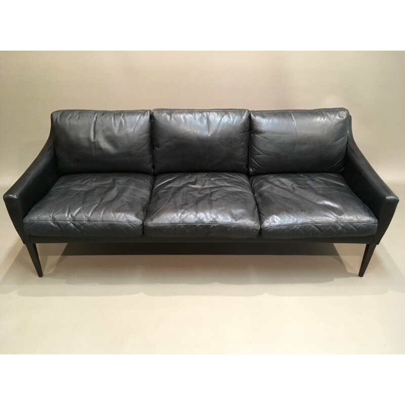 Hans Olsen vintage 3-seater Scandinavian black leather sofa 1950