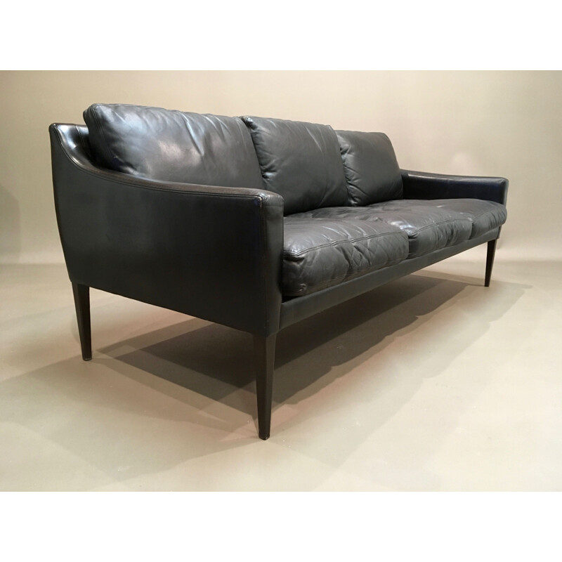 Hans Olsen vintage 3-seater Scandinavian black leather sofa 1950