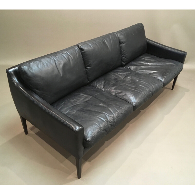 Hans Olsen vintage 3-seater Scandinavian black leather sofa 1950