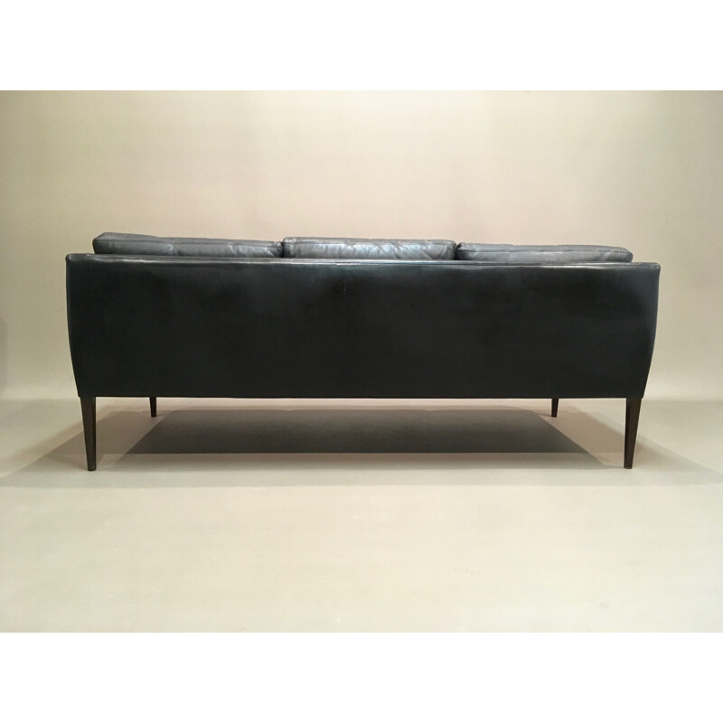 Hans Olsen vintage 3-seater Scandinavian black leather sofa 1950
