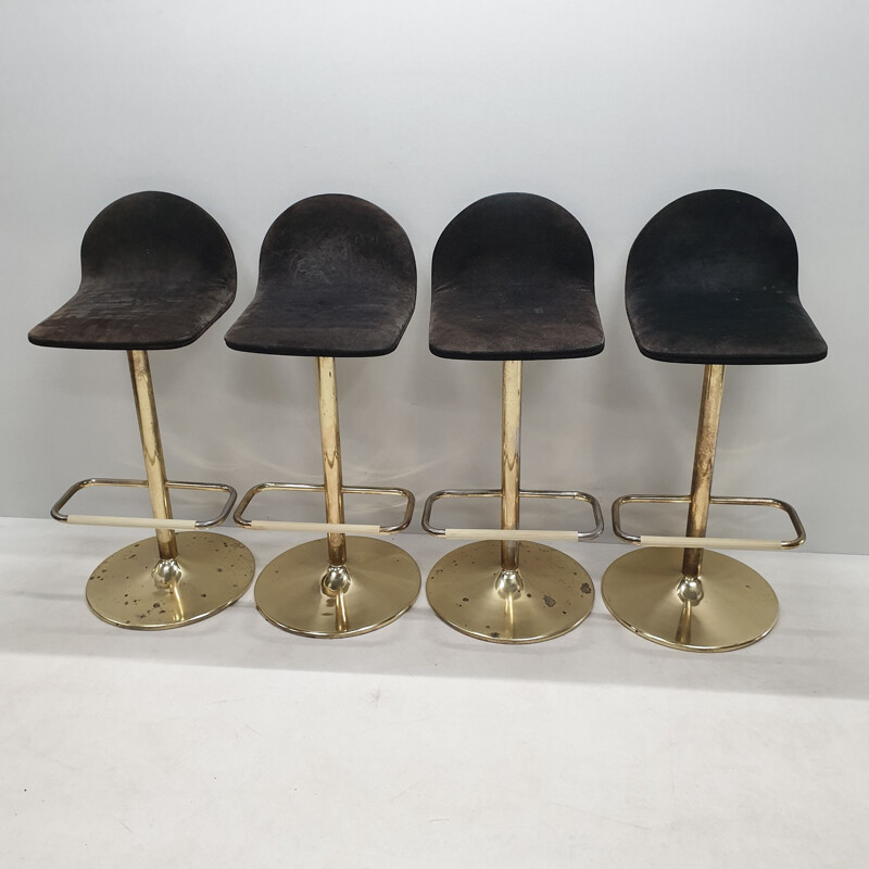 Ensemble de 4 tabourets de bar vintage plaqués or, 1980