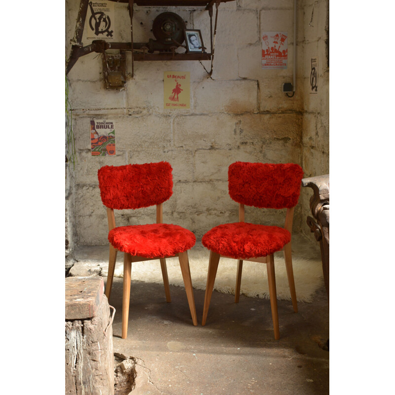 Ensemble de 2 chaises vintage en moumoute et bois de hêtre