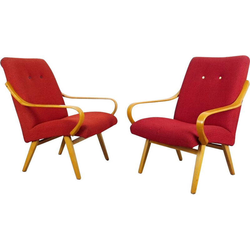 Paire de fauteuils vintage rouges, Tchécoslovaquie, 1960
