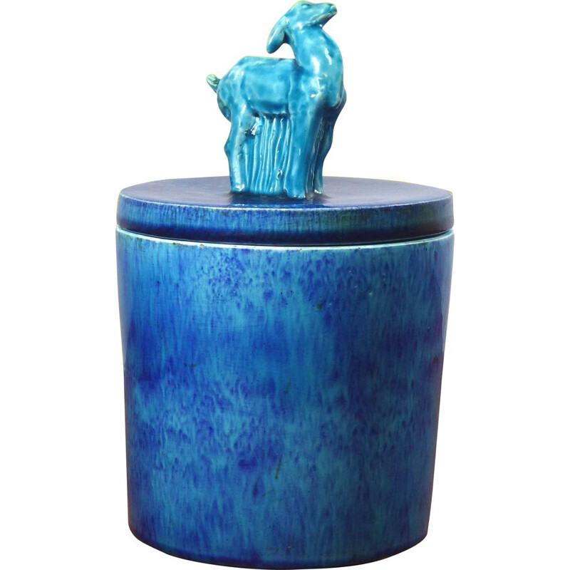 Vintage Art Deco pot in blauw geglazuurde keramiek