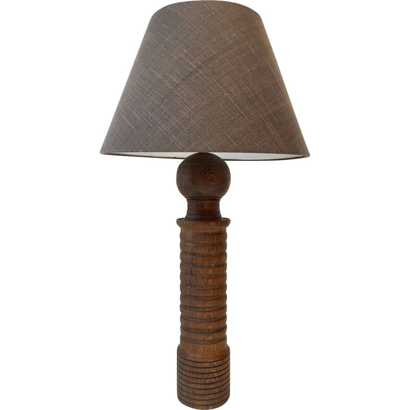 Lampe de table vintage en pied de chêne et velours beige