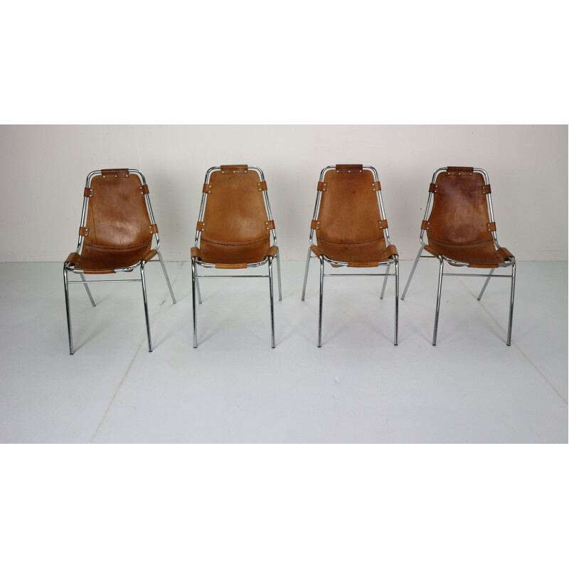 Set of 4 vintage leather "Les Arcs" chairs by Charlotte Perriand, France, 1970s