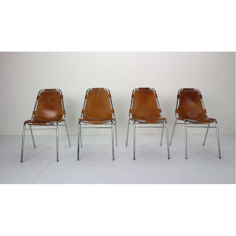 Ensemble de 4 chaises vintage en cuir "Les Arcs" de Charlotte Perriand, France, 1970