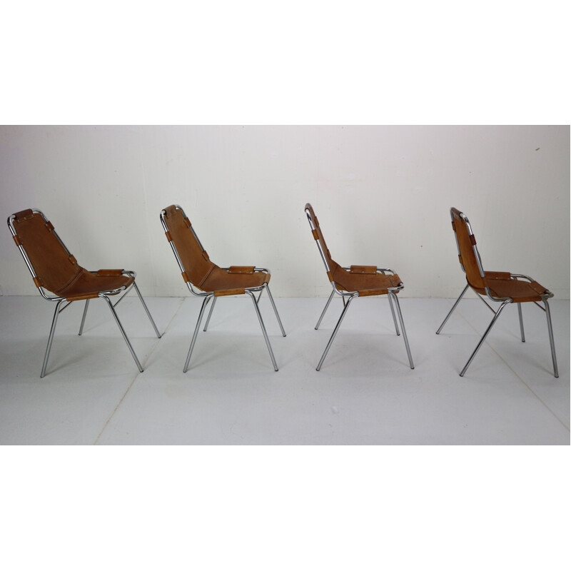 Set of 4 vintage leather "Les Arcs" chairs by Charlotte Perriand, France, 1970s