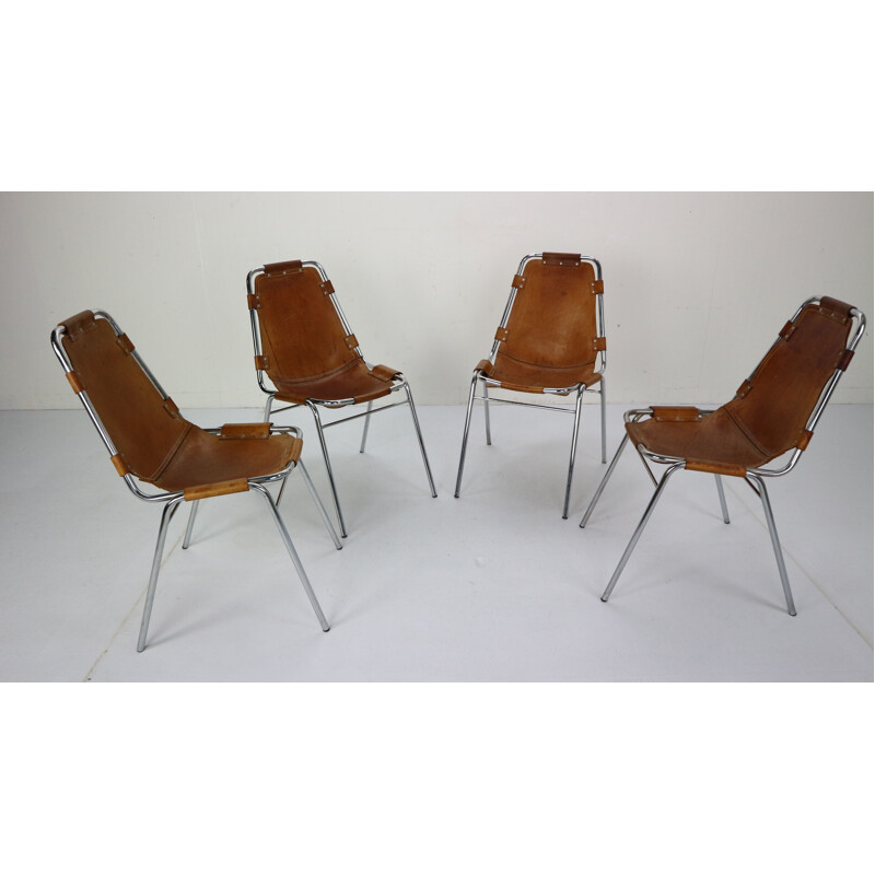 Set of 4 vintage leather "Les Arcs" chairs by Charlotte Perriand, France, 1970s