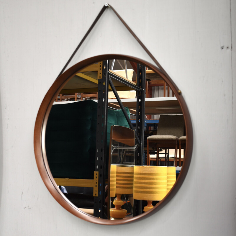 Vintage round italian mirror in solid teak leather and brass 1950